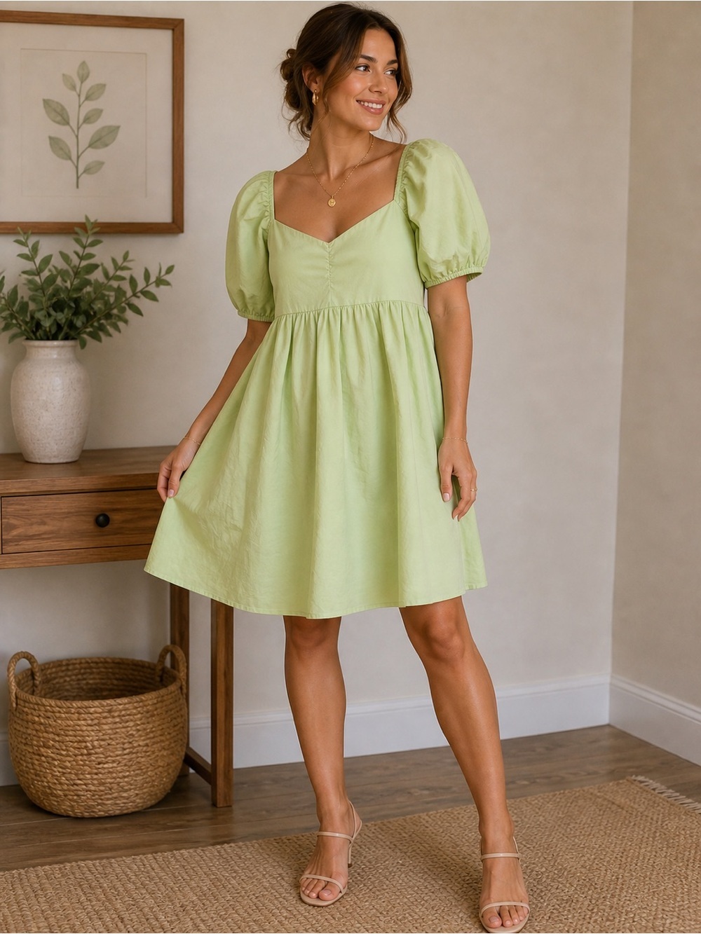 American Eagle Outfitters Light Green Puff-Sleeve Mini Dress- babydoll